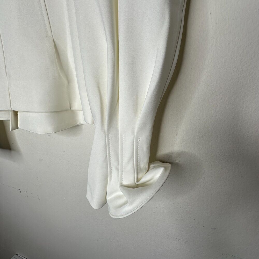 Cream V-Neck Loop & Button Front Balloon Pleated Cuff Sleeve Crop Blouse Med - Picture 9 of 11